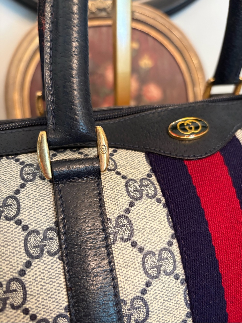 Gucci Vintage GG Supreme Mono Boston Bag-Navy/Red Web Stripe - Picture 5 of 16